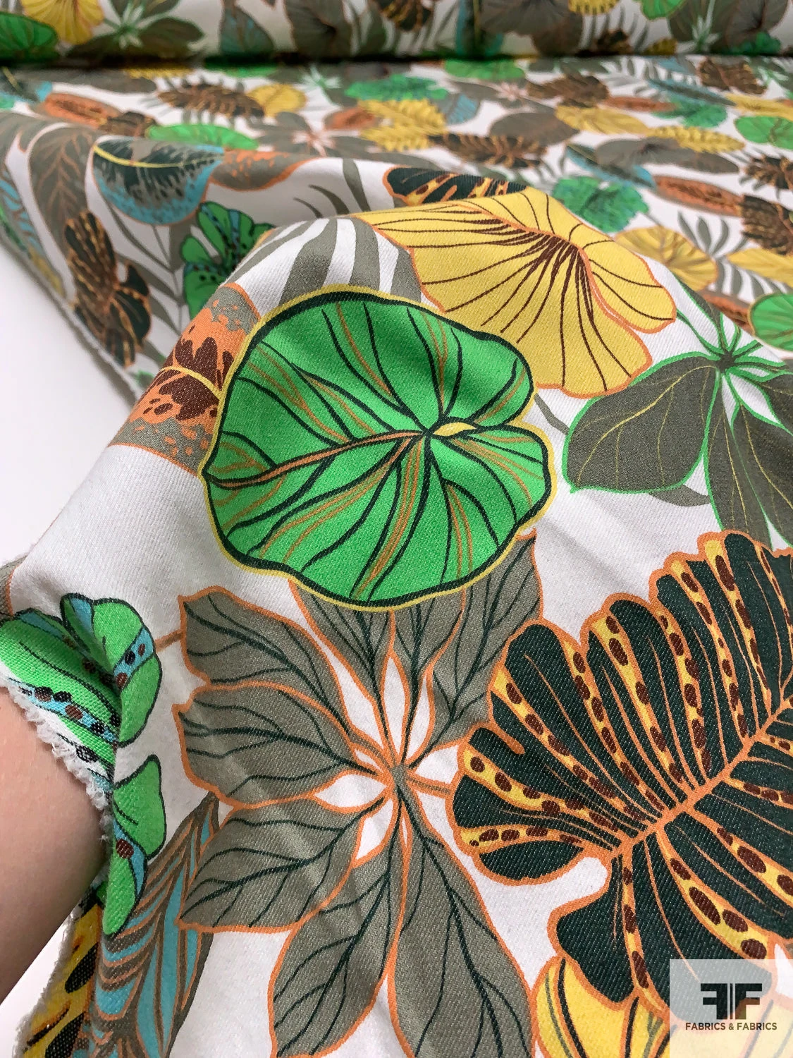 Tropical Leaf Printed Stretch Cotton Twill - Green / Khaki Green / Yellow / Orange / Off-White 10 Tropical Leaf Printed Stretch Cotton Twill - Green / Khaki Green / Yellow / Orange / Off-White - Image 8