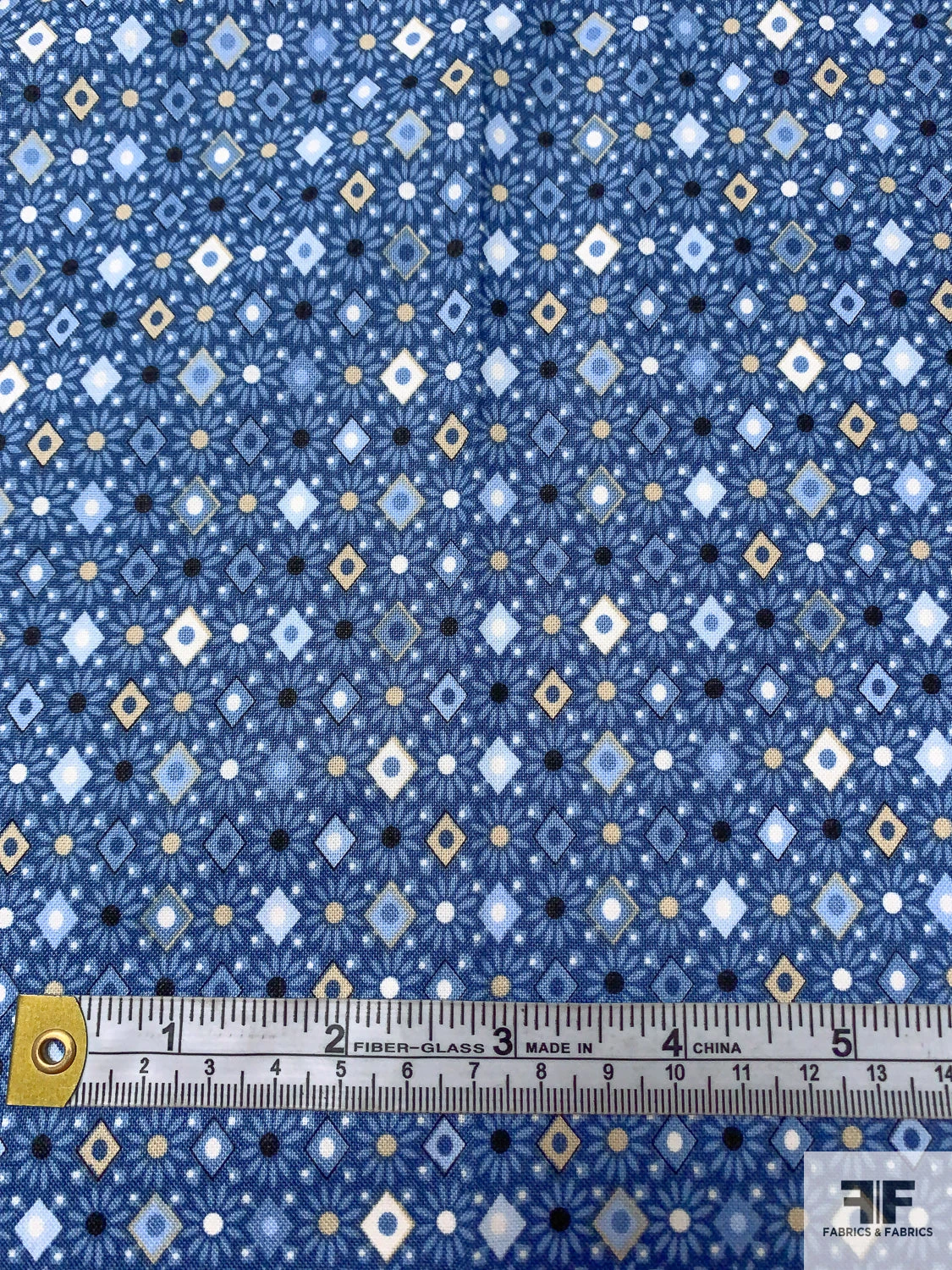 Ditsy Floral Geometric Printed Cotton Sheeting - Blue / Beige / Off-White 4 Ditsy Floral Geometric Printed Cotton Sheeting - Blue / Beige / Off-White - Image 2