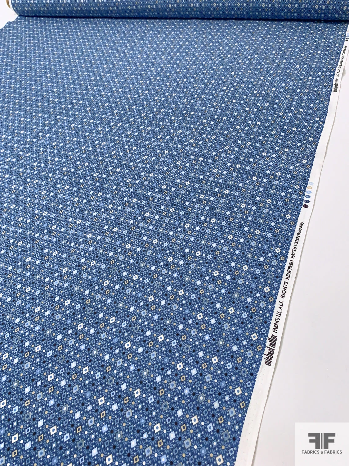 Ditsy Floral Geometric Printed Cotton Sheeting - Blue / Beige / Off-White 9 Ditsy Floral Geometric Printed Cotton Sheeting - Blue / Beige / Off-White - Image 7