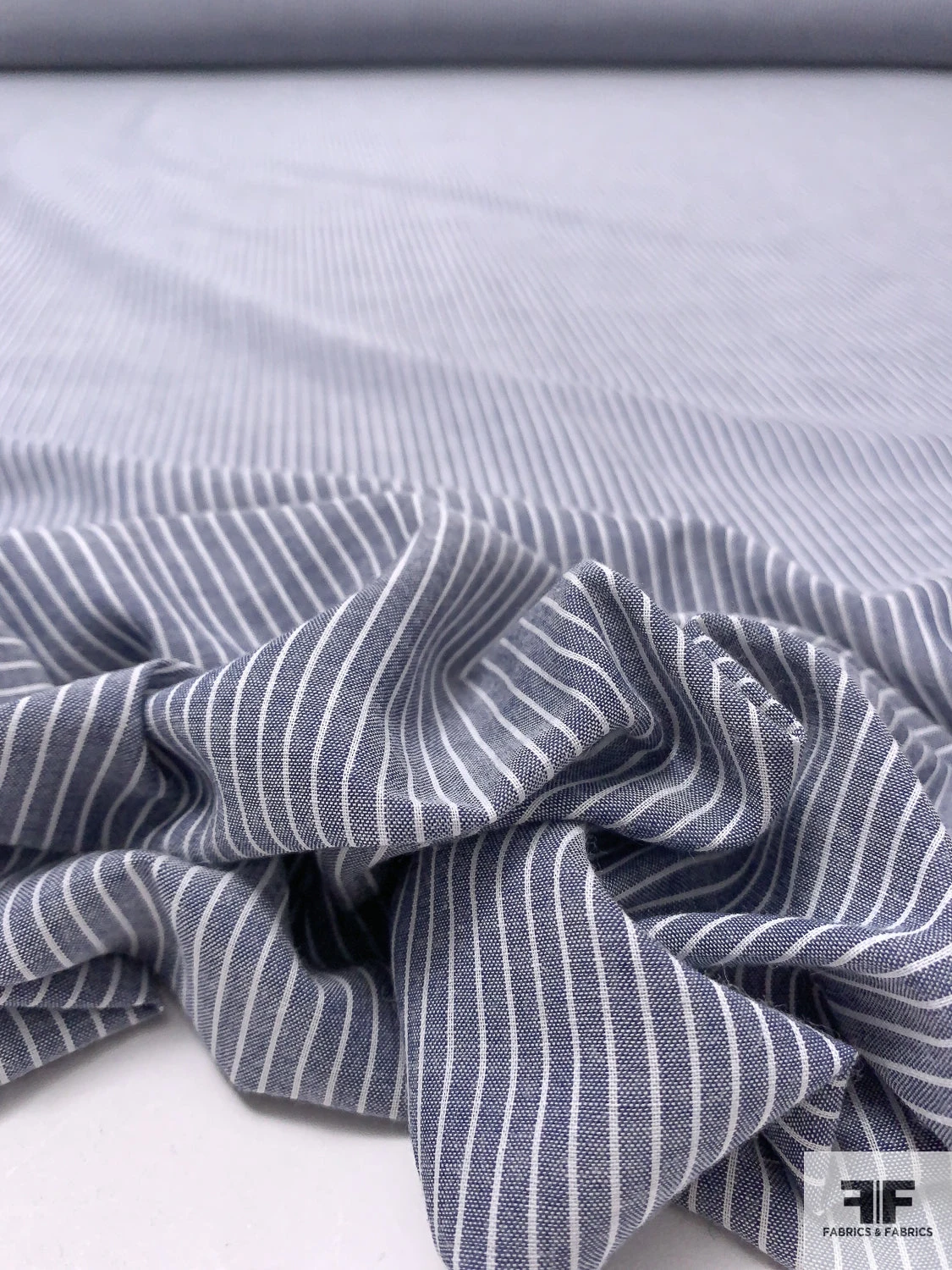 Vertical Striped Fine Cotton Shirting - Denim Blue / White 10 Vertical Striped Fine Cotton Shirting - Denim Blue / White - Image 8