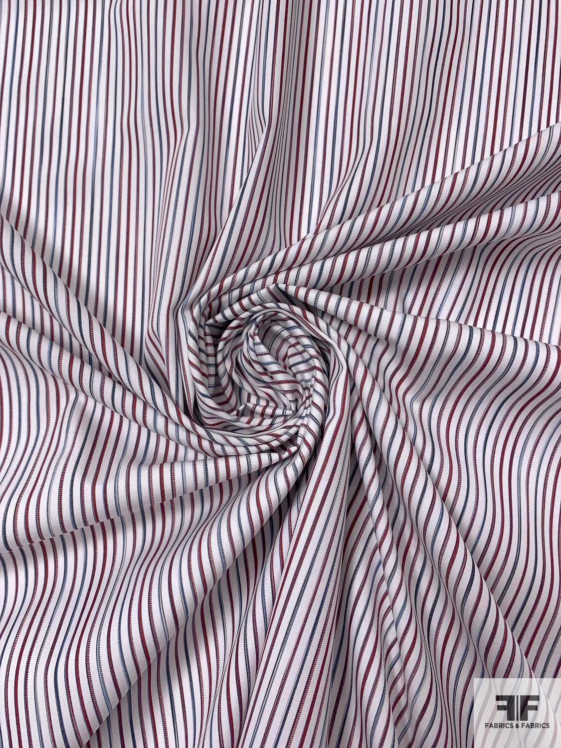 Italian Vertical Striped Yarn-Dyed Cotton Shirting - Maroon / White / Blue 3 Italian Vertical Striped Yarn-Dyed Cotton Shirting - Maroon / White / Blue