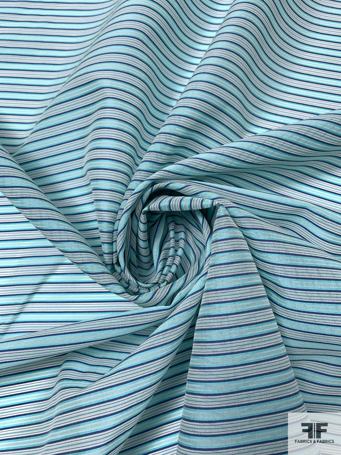 Italian Horizontal Striped Silk And Cotton Organdy - Aqua / Navy / White 3 Italian Horizontal Striped Silk And Cotton Organdy - Aqua / Navy / White