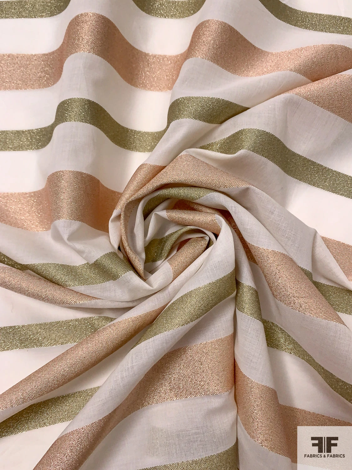 Italian Cotton Voile With Metallic Stripes - Rose Gold / Metallic Olive / Off-White 5 Italian Cotton Voile With Metallic Stripes - Rose Gold / Metallic Olive / Off-White - Image 3