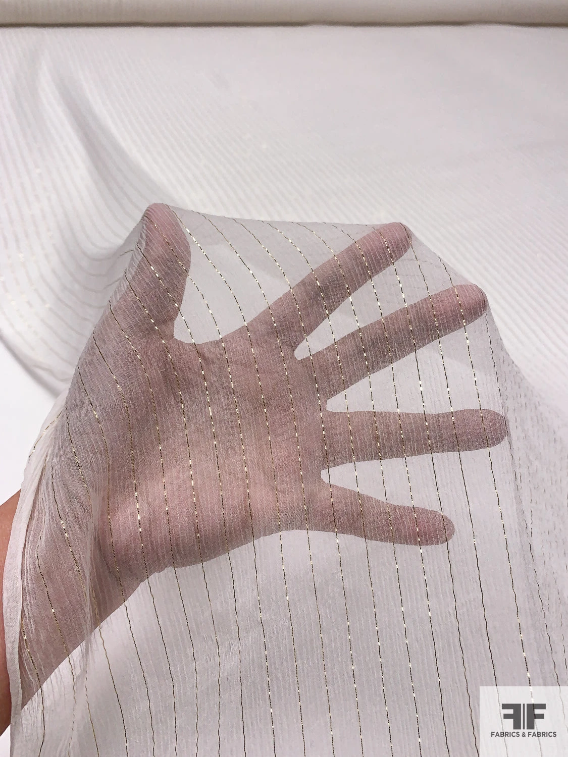 Lurex Pinstriped Slightly Crinkled Silk Chiffon - Off-White / Gold 4 Lurex Pinstriped Slightly Crinkled Silk Chiffon - Off-White / Gold - Image 2