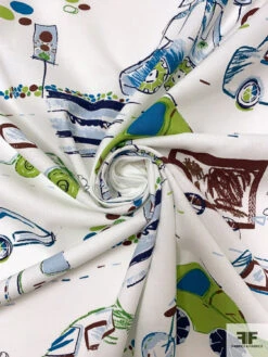 Car And Bicycle Drawing Printed Cotton Lawn - Lime / Brown / Teal / Off-White -Fabrics And Fabrics Store 17840 2