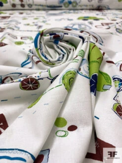 Car And Bicycle Drawing Printed Cotton Lawn - Lime / Brown / Teal / Off-White -Fabrics And Fabrics Store 17840 3