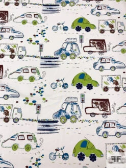 Car And Bicycle Drawing Printed Cotton Lawn - Lime / Brown / Teal / Off-White