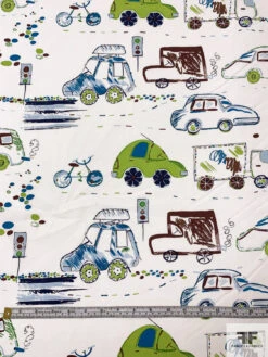Car And Bicycle Drawing Printed Cotton Lawn - Lime / Brown / Teal / Off-White -Fabrics And Fabrics Store 17840 5