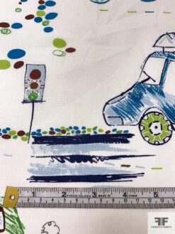 Car And Bicycle Drawing Printed Cotton Lawn - Lime / Brown / Teal / Off-White -Fabrics And Fabrics Store 17840 6