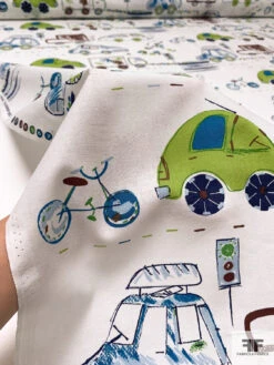 Car And Bicycle Drawing Printed Cotton Lawn - Lime / Brown / Teal / Off-White -Fabrics And Fabrics Store 17840 8