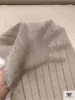 Italian Plain-Weave Virgin Wool Blend Suiting With Textured Striped Design - Beige / Marigold / Off-White -Fabrics And Fabrics Store 17925 8