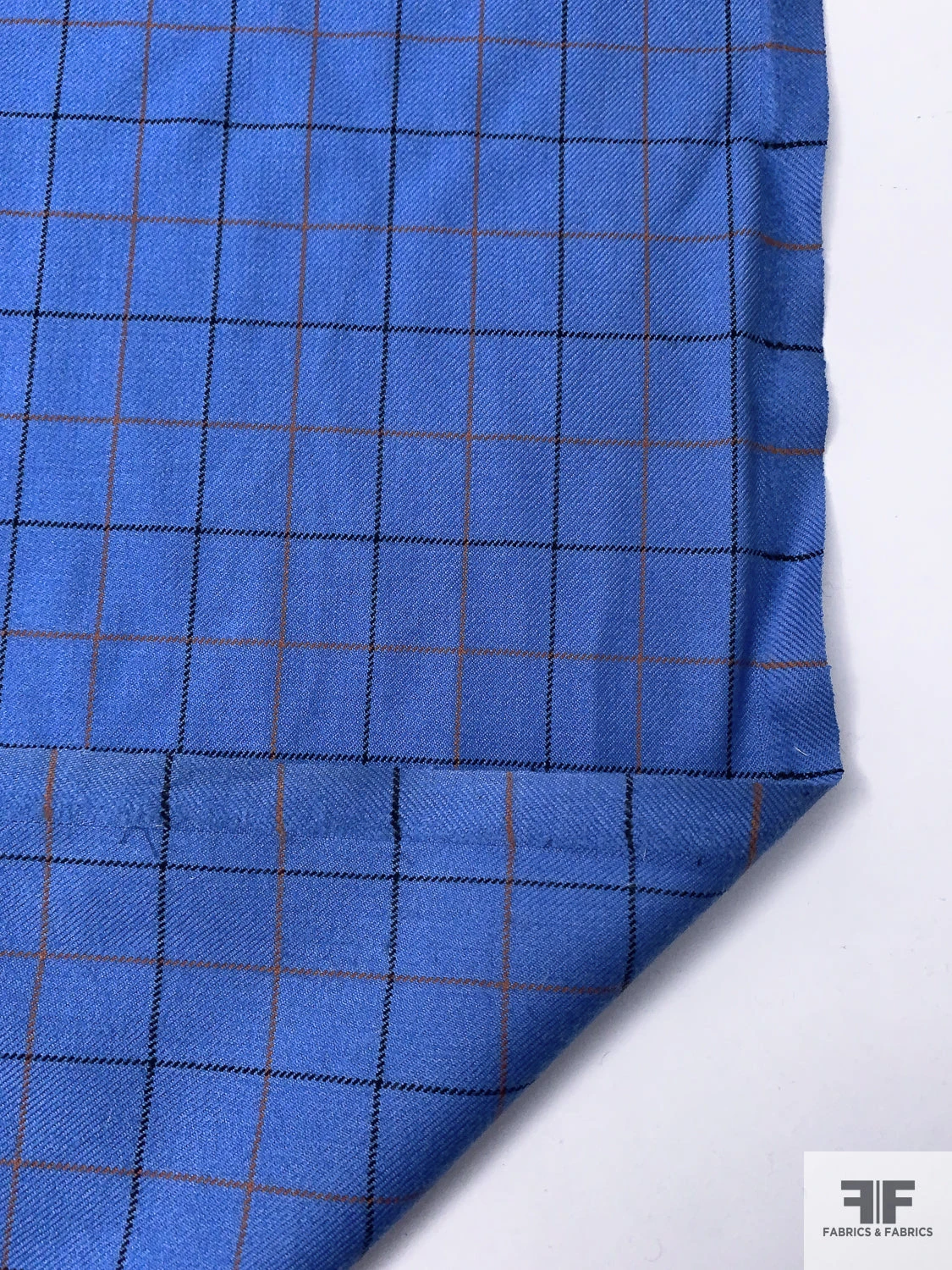 Made In England Small Windowpane Gabardine Wool Suiting - True Blue / Burnt Orange / Black 3 Made In England Small Windowpane Gabardine Wool Suiting - True Blue / Burnt Orange / Black
