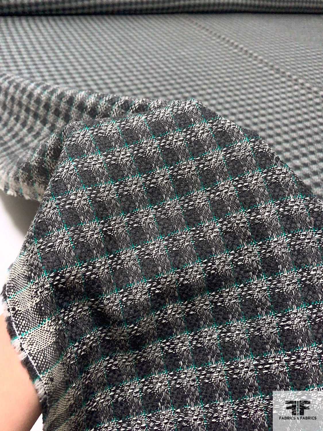 Gingham Wool Tweed Suiting - Dark Grey / Jade Green / Off-White 9 Gingham Wool Tweed Suiting - Dark Grey / Jade Green / Off-White - Image 7