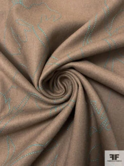 Italian Lightweight Coating With Embroidery - Tan / Aquamarine -Fabrics And Fabrics Store 18050 1