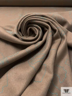 Italian Lightweight Coating With Embroidery - Tan / Aquamarine -Fabrics And Fabrics Store 18050 3