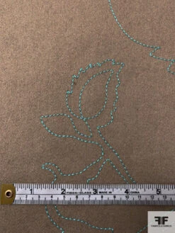 Italian Lightweight Coating With Embroidery - Tan / Aquamarine -Fabrics And Fabrics Store 18050 6