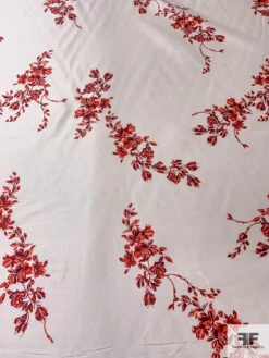 Romantic Floral Branches Printed Silk-Cotton Mikado - Red / Pearl White
