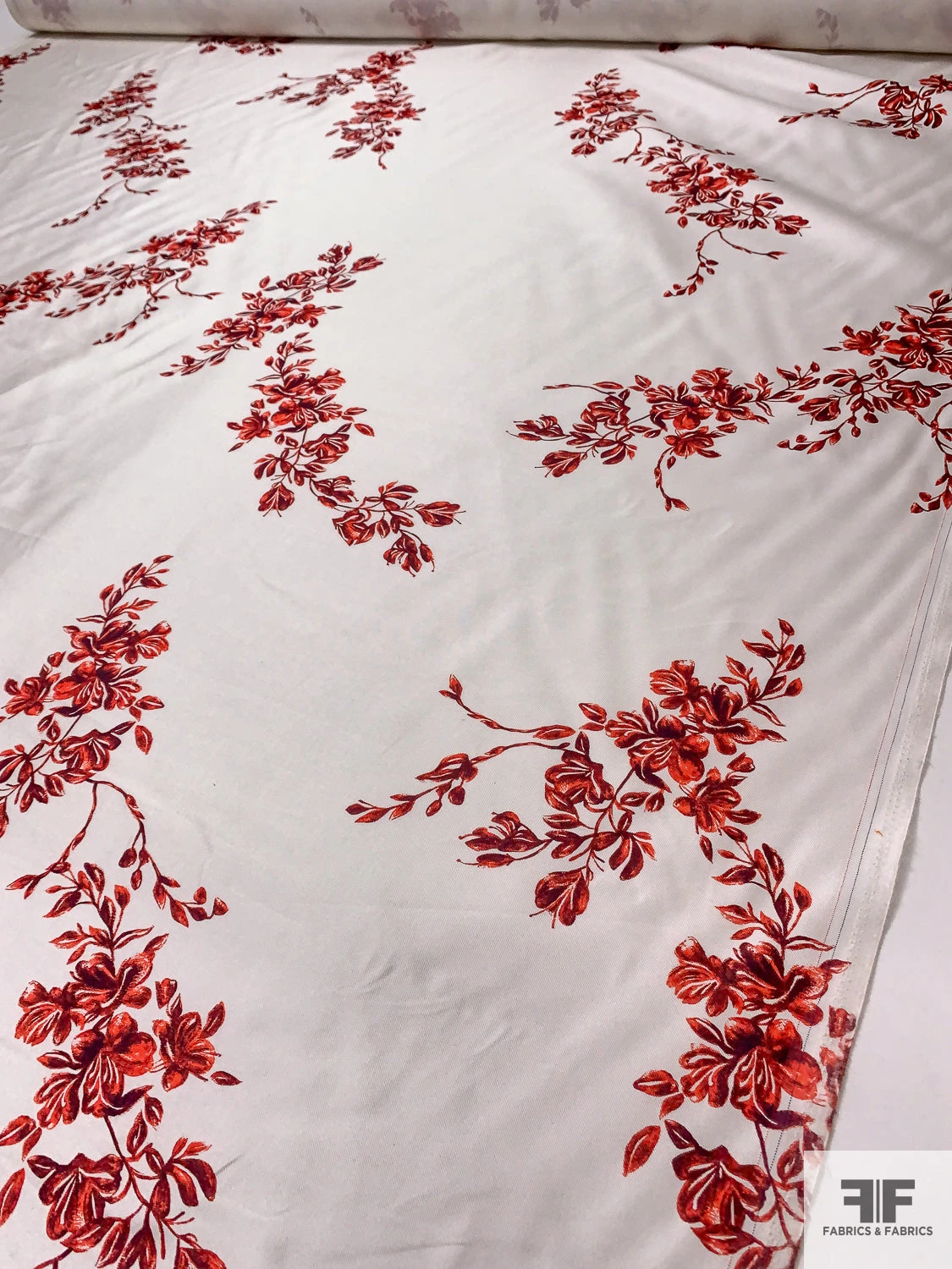 Romantic Floral Branches Printed Silk-Cotton Mikado - Red / Pearl White 9 Romantic Floral Branches Printed Silk-Cotton Mikado - Red / Pearl White - Image 7