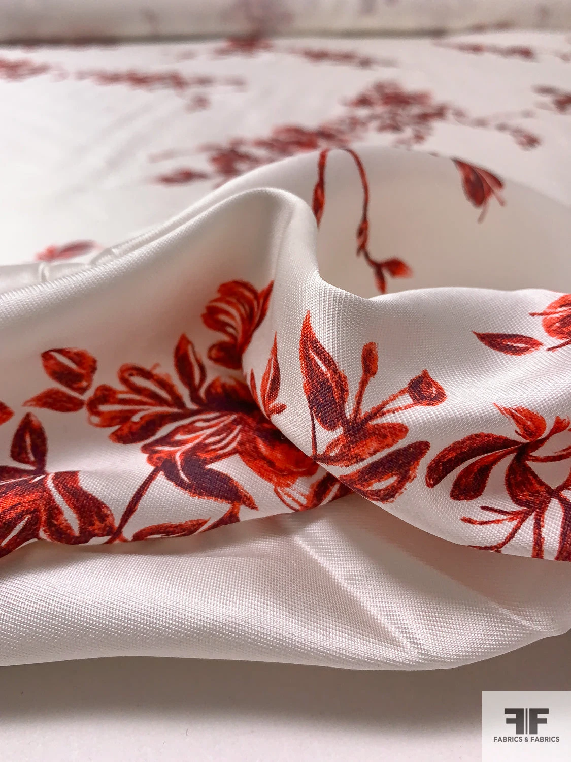 Romantic Floral Branches Printed Silk-Cotton Mikado - Red / Pearl White 11 Romantic Floral Branches Printed Silk-Cotton Mikado - Red / Pearl White - Image 9