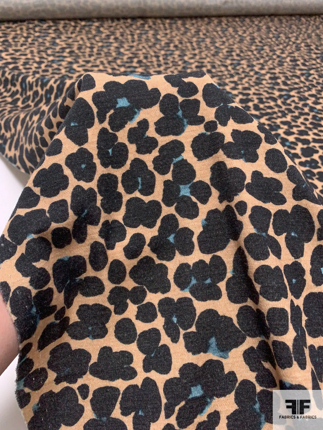 Italian Painterly Floral Clusters Printed Wool Blend Knit - Nude Camel / Black / Dusty Turquoise 3 Italian Painterly Floral Clusters Printed Wool Blend Knit - Nude Camel / Black / Dusty Turquoise