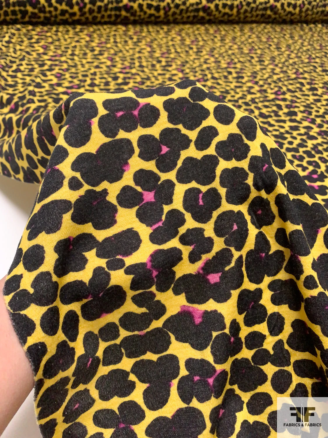 Italian Painterly Floral Clusters Printed Wool Blend Knit - Yellow / Black / Fuchsia 3 Italian Painterly Floral Clusters Printed Wool Blend Knit - Yellow / Black / Fuchsia