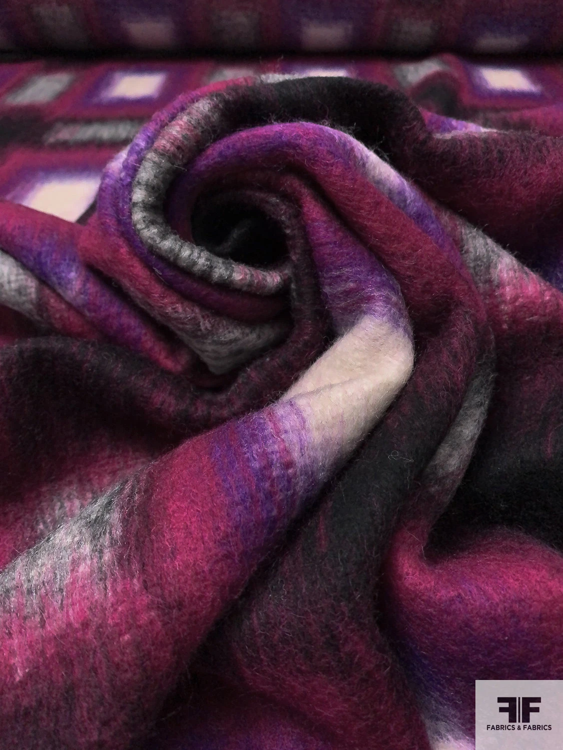 Italian Hazy Squares Printed Brushed Mohair Heavy Wool Blend Knit Coating - Magenta / Purple / Black / Light Grey 7 Italian Hazy Squares Printed Brushed Mohair Heavy Wool Blend Knit Coating - Magenta / Purple / Black / Light Grey - Image 5