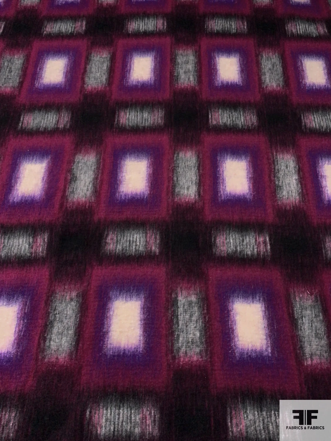 Italian Hazy Squares Printed Brushed Mohair Heavy Wool Blend Knit Coating - Magenta / Purple / Black / Light Grey 8 Italian Hazy Squares Printed Brushed Mohair Heavy Wool Blend Knit Coating - Magenta / Purple / Black / Light Grey - Image 6