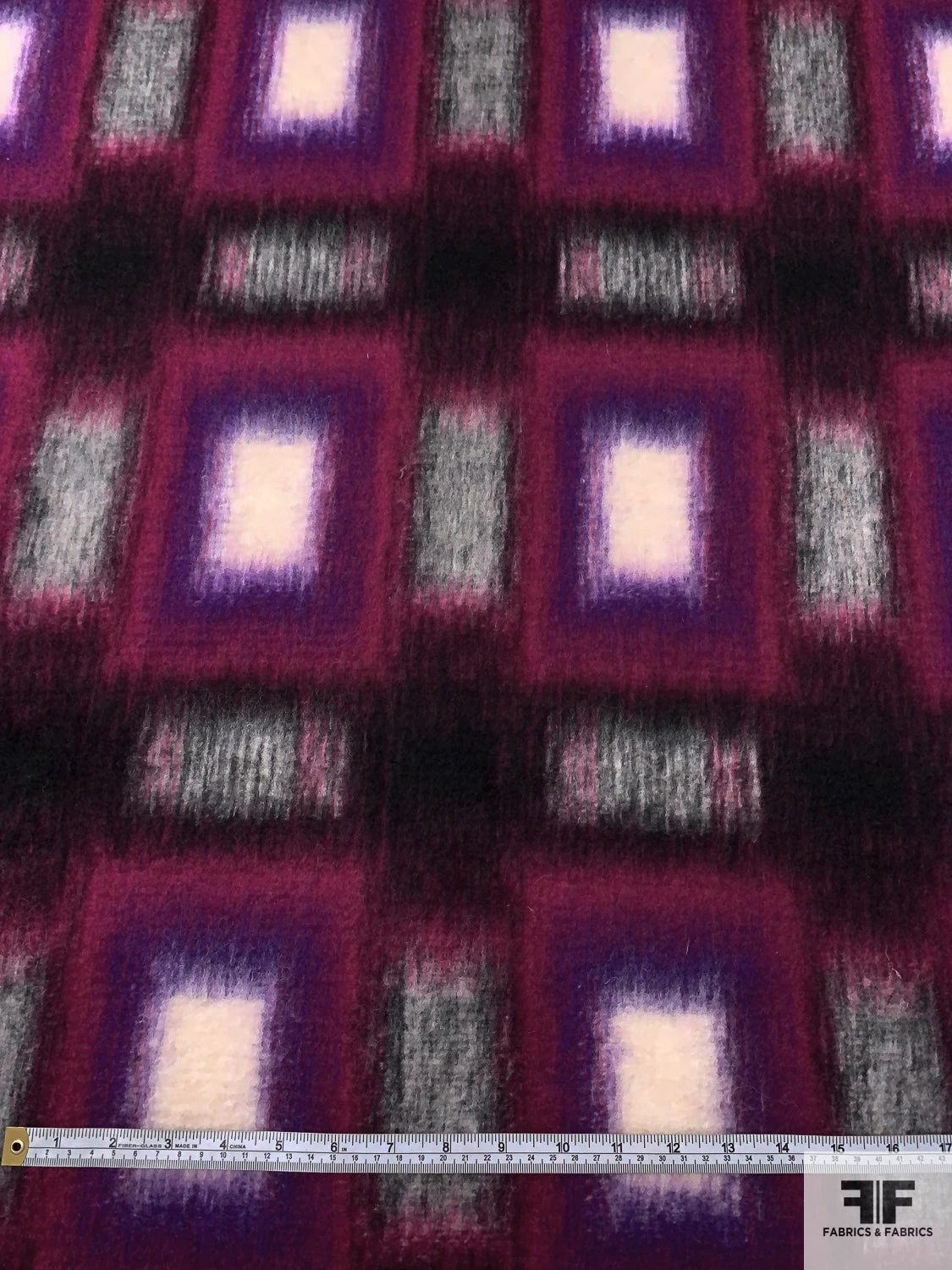 Italian Hazy Squares Printed Brushed Mohair Heavy Wool Blend Knit Coating - Magenta / Purple / Black / Light Grey 4 Italian Hazy Squares Printed Brushed Mohair Heavy Wool Blend Knit Coating - Magenta / Purple / Black / Light Grey - Image 2