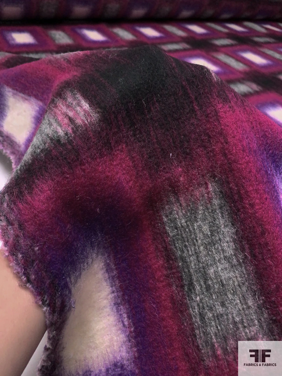 Italian Hazy Squares Printed Brushed Mohair Heavy Wool Blend Knit Coating - Magenta / Purple / Black / Light Grey 11 Italian Hazy Squares Printed Brushed Mohair Heavy Wool Blend Knit Coating - Magenta / Purple / Black / Light Grey - Image 9