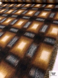 Italian Hazy Squares Printed Brushed Mohair Heavy Wool Blend Knit Coating - Caramel / Mustard / Black / Light Grey