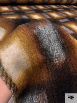 Italian Hazy Squares Printed Brushed Mohair Heavy Wool Blend Knit Coating - Caramel / Mustard / Black / Light Grey -Fabrics And Fabrics Store 18204 9