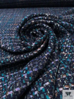 Italian Chunky Wool Blend Tweed Suiting - Turquoise / Navy / Indigo / White