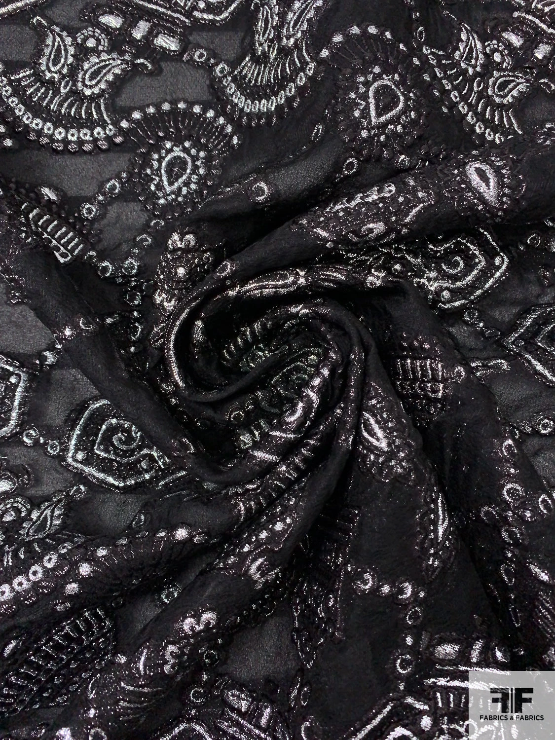 Italian Metallic Tassels Fil Coupé On Silk Blend Gauze - Black / Silver 6 Italian Metallic Tassels Fil Coupé On Silk Blend Gauze - Black / Silver - Image 4