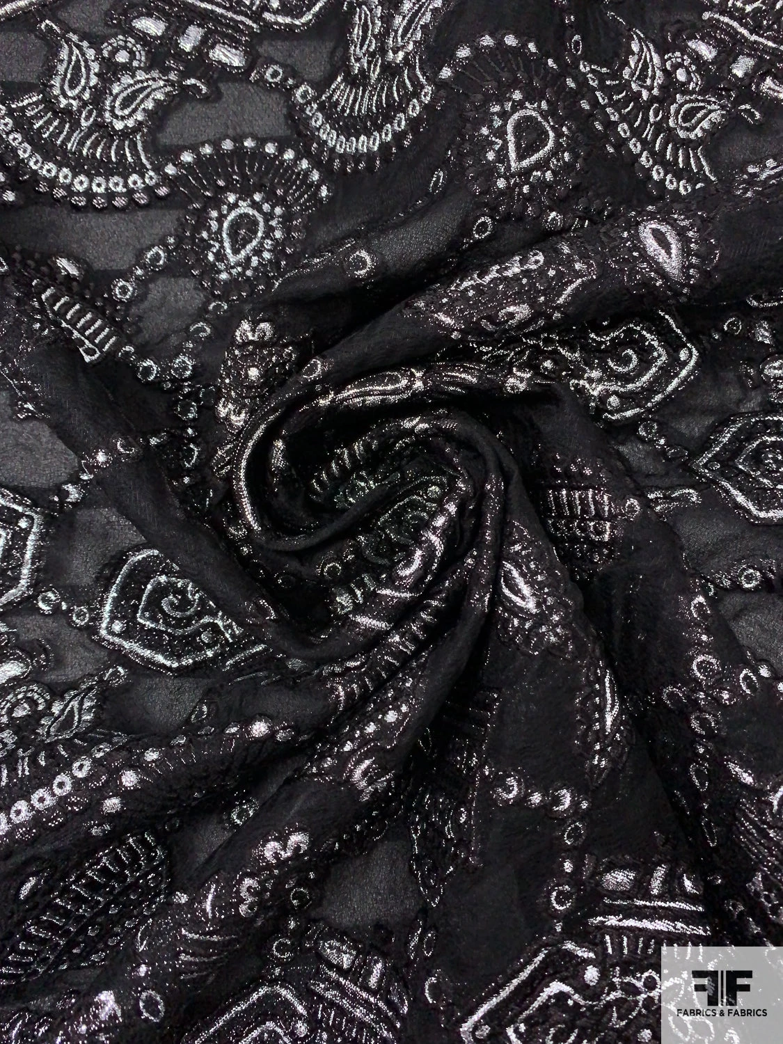 Italian Metallic Tassels Fil Coupé On Silk Blend Gauze - Black / Silver 5 Italian Metallic Tassels Fil Coupé On Silk Blend Gauze - Black / Silver - Image 3