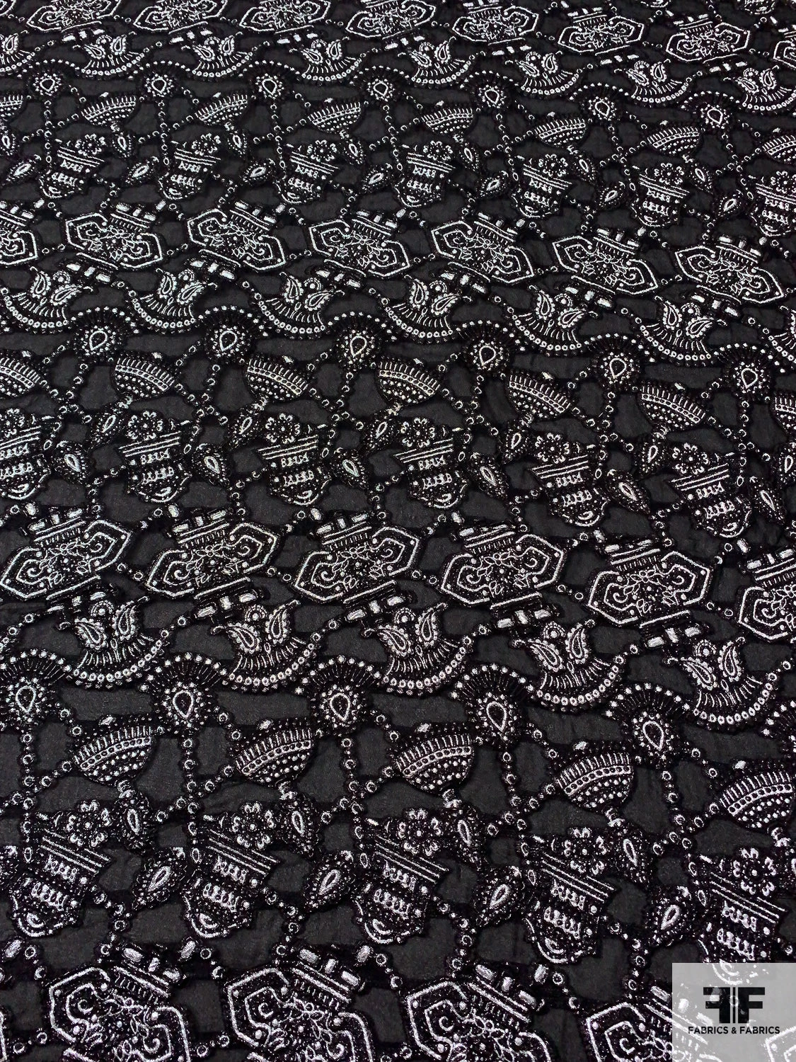 Italian Metallic Tassels Fil Coupé On Silk Blend Gauze - Black / Silver 3 Italian Metallic Tassels Fil Coupé On Silk Blend Gauze - Black / Silver