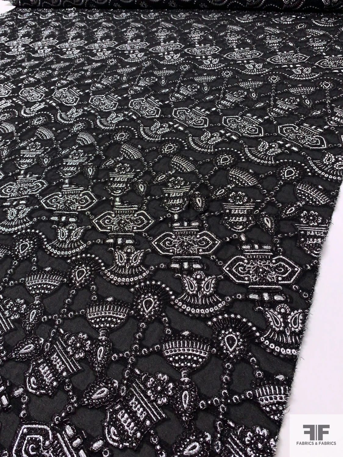 Italian Metallic Tassels Fil Coupé On Silk Blend Gauze - Black / Silver 9 Italian Metallic Tassels Fil Coupé On Silk Blend Gauze - Black / Silver - Image 7