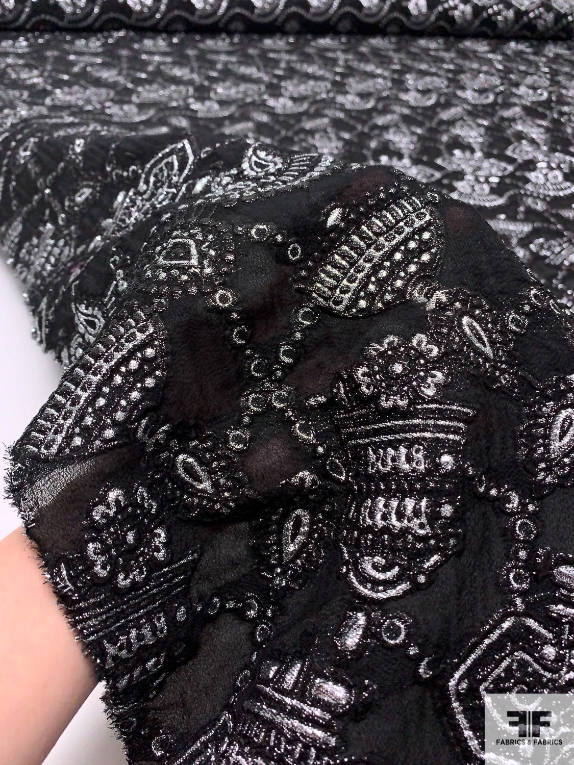 Italian Metallic Tassels Fil Coupé On Silk Blend Gauze - Black / Silver 4 Italian Metallic Tassels Fil Coupé On Silk Blend Gauze - Black / Silver - Image 2