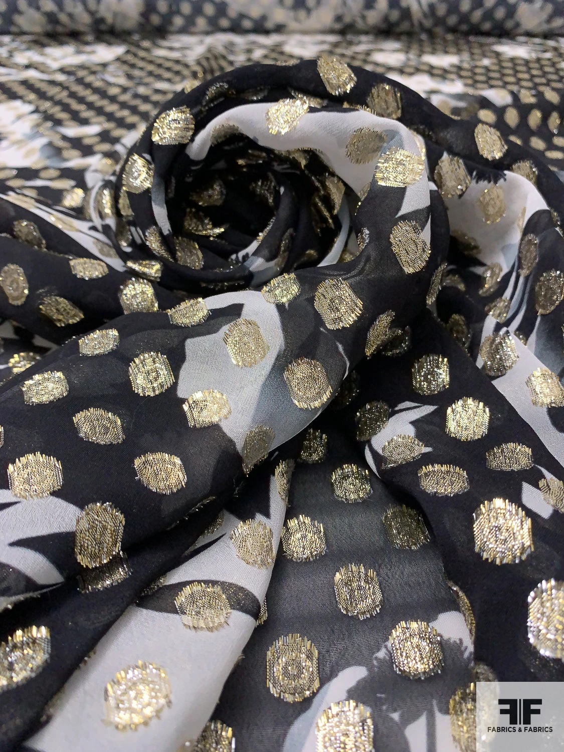 Italian Floral Silhouette Printed Georgette With Lurex Circles - Black / White / Gold 7 Italian Floral Silhouette Printed Georgette With Lurex Circles - Black / White / Gold - Image 5