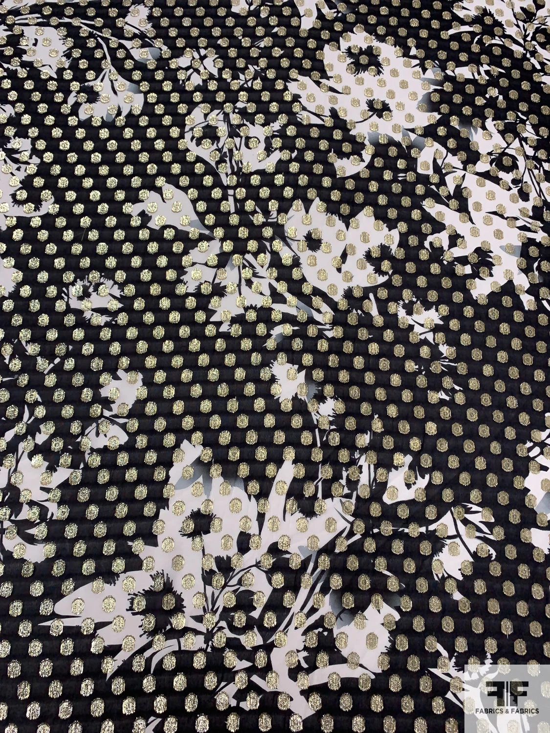 Italian Floral Silhouette Printed Georgette With Lurex Circles - Black / White / Gold 4 Italian Floral Silhouette Printed Georgette With Lurex Circles - Black / White / Gold - Image 2