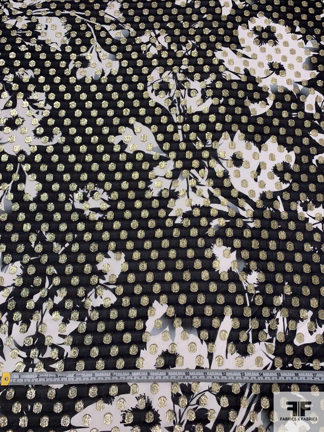 Italian Floral Silhouette Printed Georgette With Lurex Circles - Black / White / Gold 8 Italian Floral Silhouette Printed Georgette With Lurex Circles - Black / White / Gold - Image 6