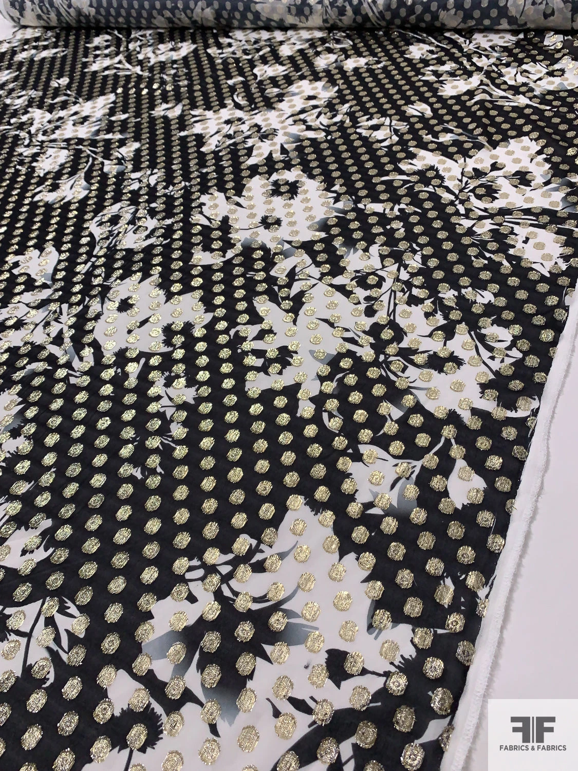 Italian Floral Silhouette Printed Georgette With Lurex Circles - Black / White / Gold 3 Italian Floral Silhouette Printed Georgette With Lurex Circles - Black / White / Gold