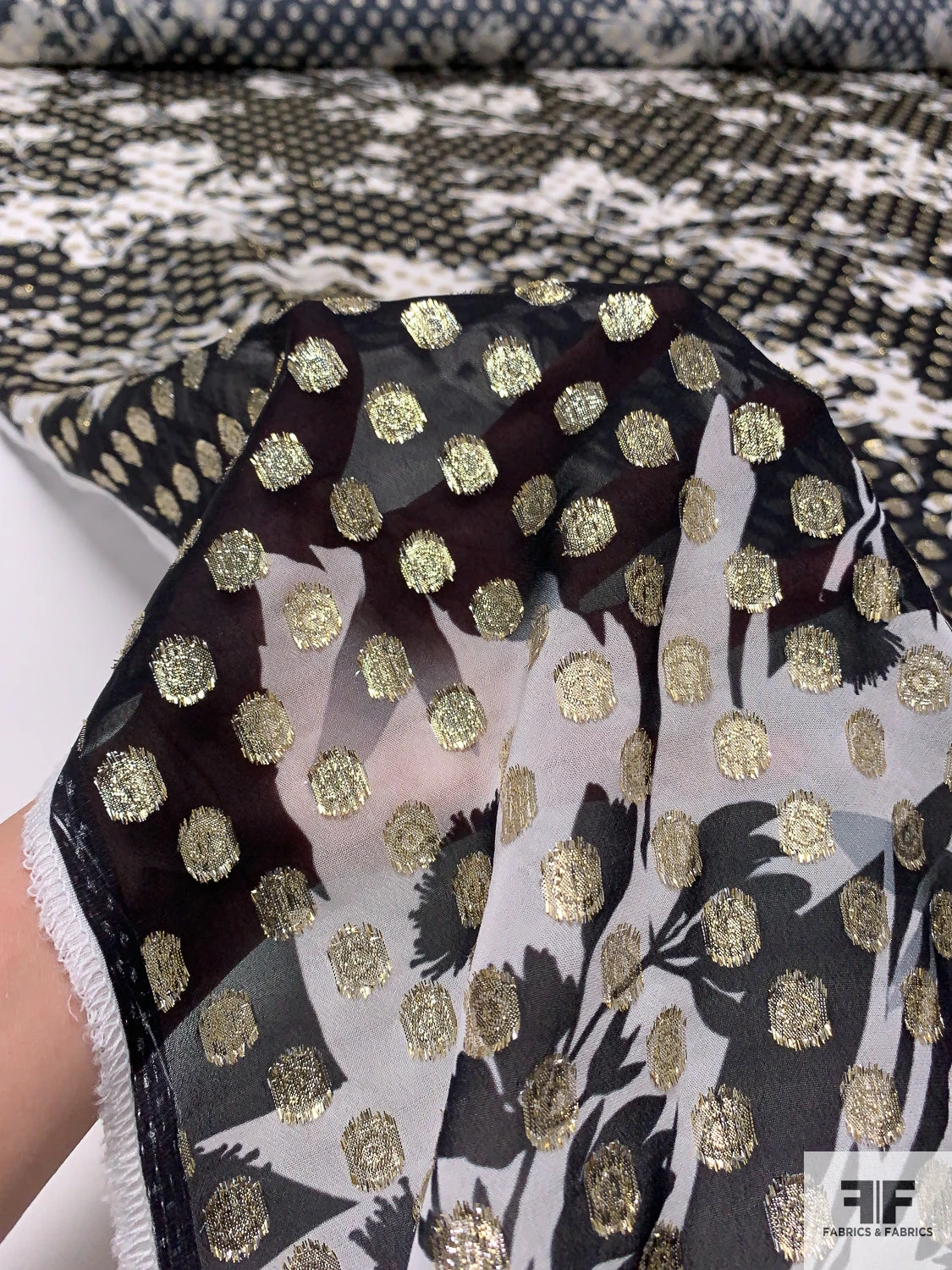 Italian Floral Silhouette Printed Georgette With Lurex Circles - Black / White / Gold 10 Italian Floral Silhouette Printed Georgette With Lurex Circles - Black / White / Gold - Image 8