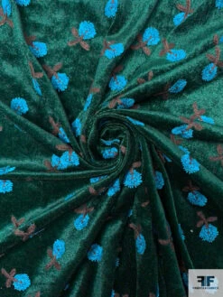 Floral Embroidered Velour - Evergreen / Turquoise Blue / Brown