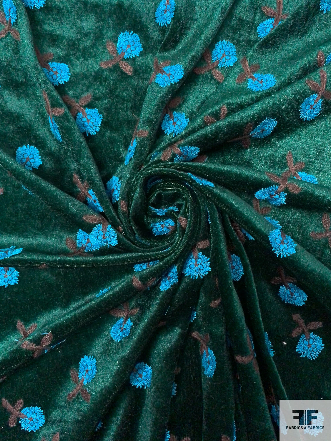 Floral Embroidered Velour - Evergreen / Turquoise Blue / Brown 3 Floral Embroidered Velour - Evergreen / Turquoise Blue / Brown