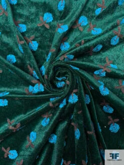 Floral Embroidered Velour - Evergreen / Turquoise Blue / Brown 12 Floral Embroidered Velour - Evergreen / Turquoise Blue / Brown -Fabrics And Fabrics Store 18258 2