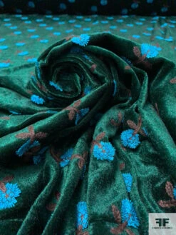 Floral Embroidered Velour - Evergreen / Turquoise Blue / Brown 13 Floral Embroidered Velour - Evergreen / Turquoise Blue / Brown -Fabrics And Fabrics Store 18258 3