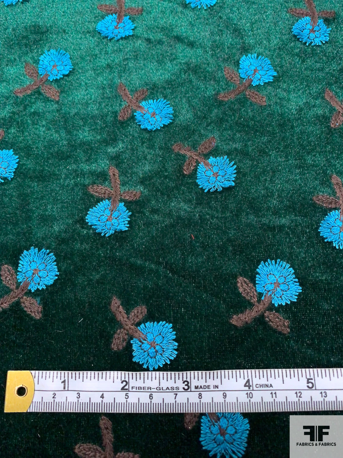 Floral Embroidered Velour - Evergreen / Turquoise Blue / Brown 4 Floral Embroidered Velour - Evergreen / Turquoise Blue / Brown - Image 2