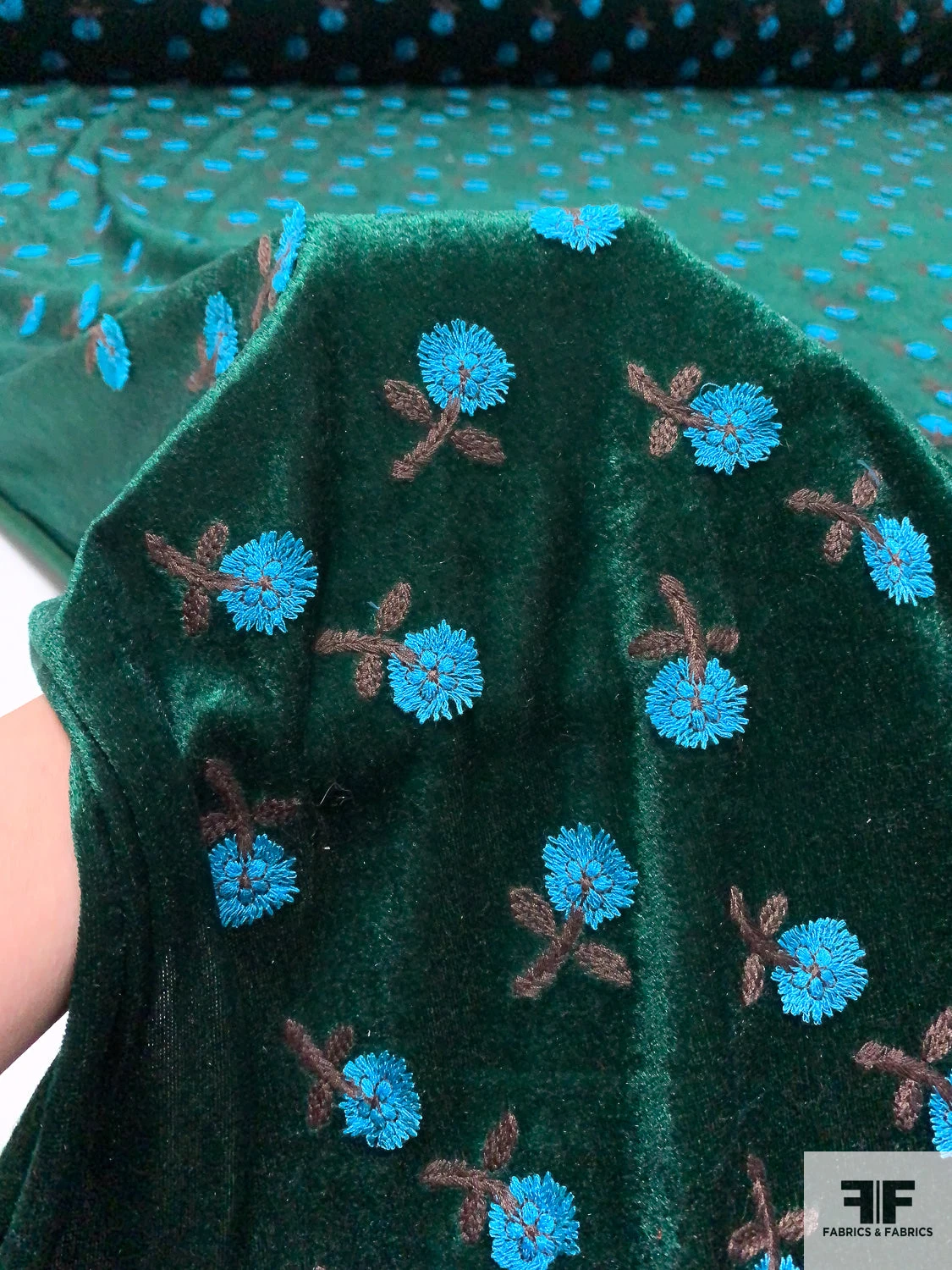 Floral Embroidered Velour - Evergreen / Turquoise Blue / Brown 10 Floral Embroidered Velour - Evergreen / Turquoise Blue / Brown - Image 8