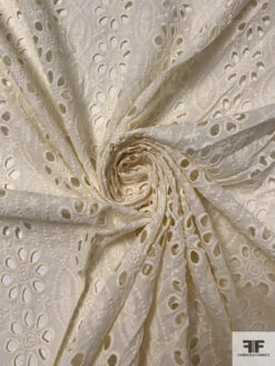 Floral And Oval Pattern Embroidered Eyelet Cotton Voile - Light Cream -Fabrics And Fabrics Store 18273 1