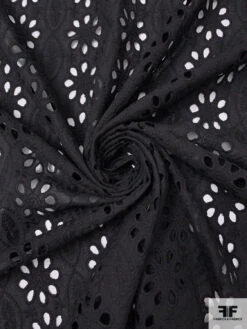 Floral And Oval Pattern Embroidered Eyelet Cotton Voile - Black